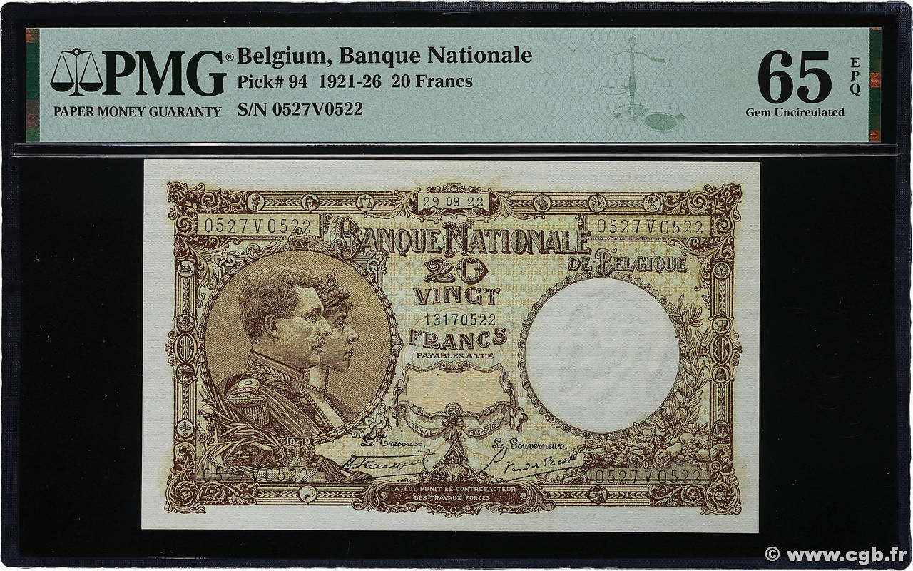20 Francs BELGIEN  1922 P.094 ST