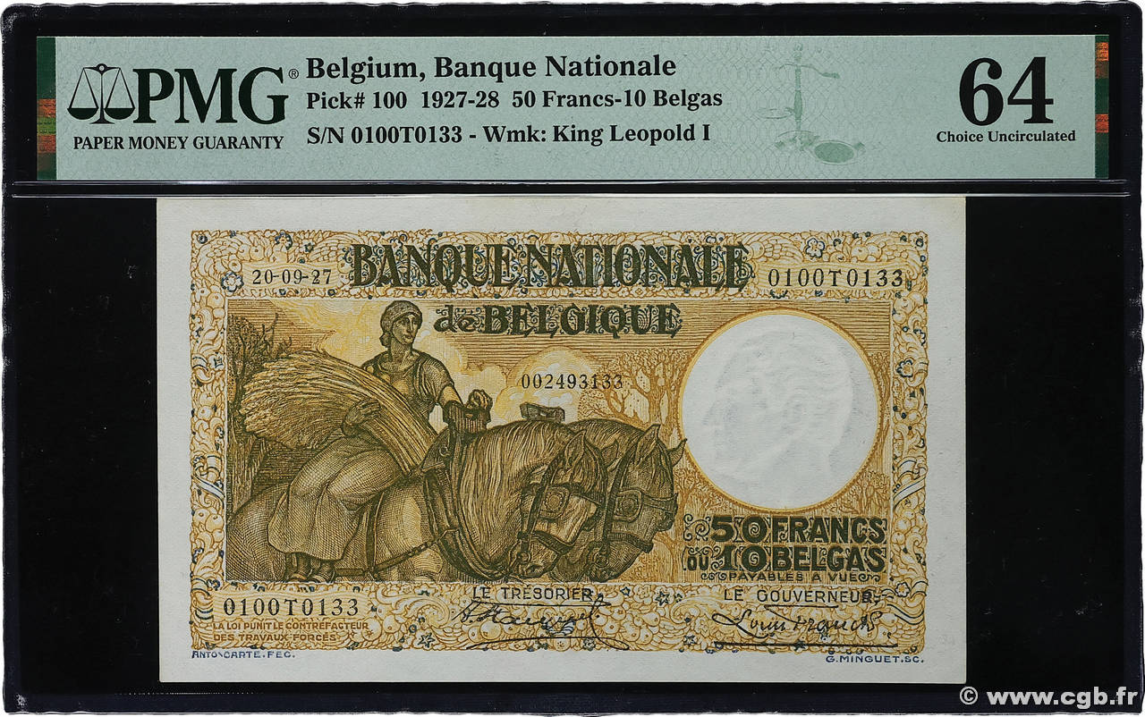 50 Francs - 10 Belgas BELGIEN  1927 P.100 fST+