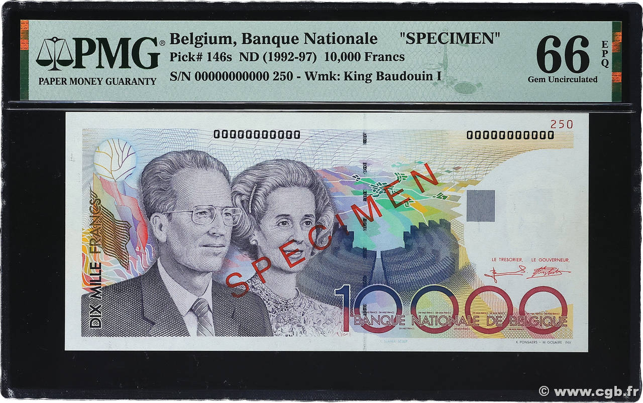 10000 Francs Spécimen BELGIEN  1992 P.146s ST