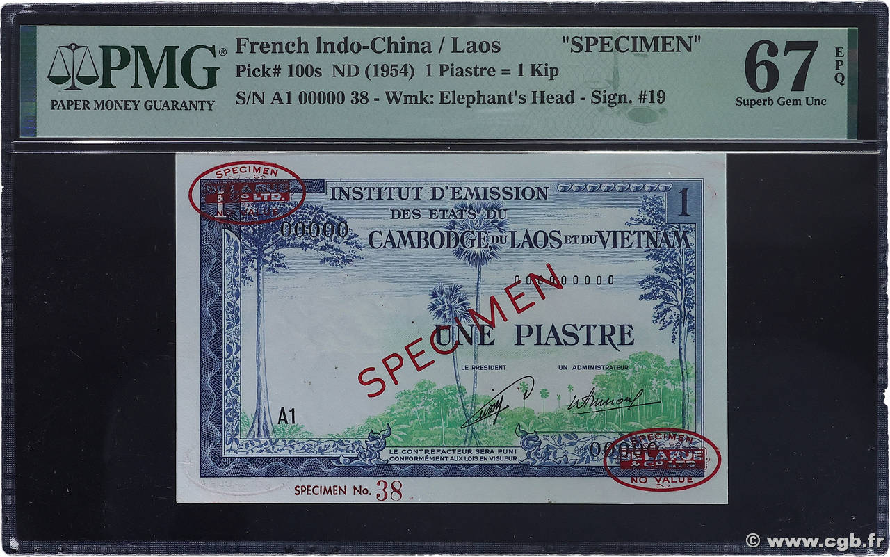 1 Piastre - 1 Kip Spécimen INDOCHINE FRANÇAISE  1954 P.100s NEUF