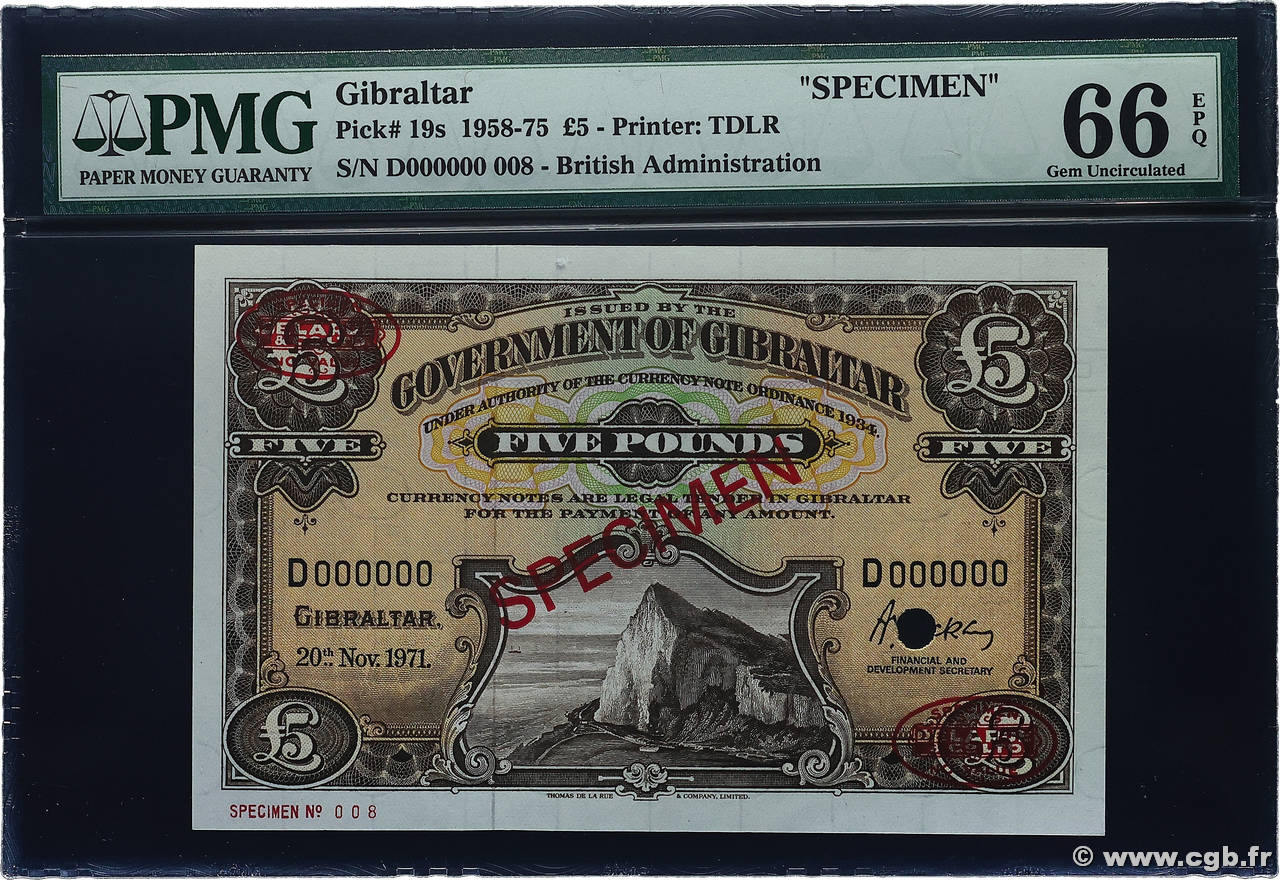 5 Pounds Spécimen GIBRALTAR  1971 P.19bs NEUF