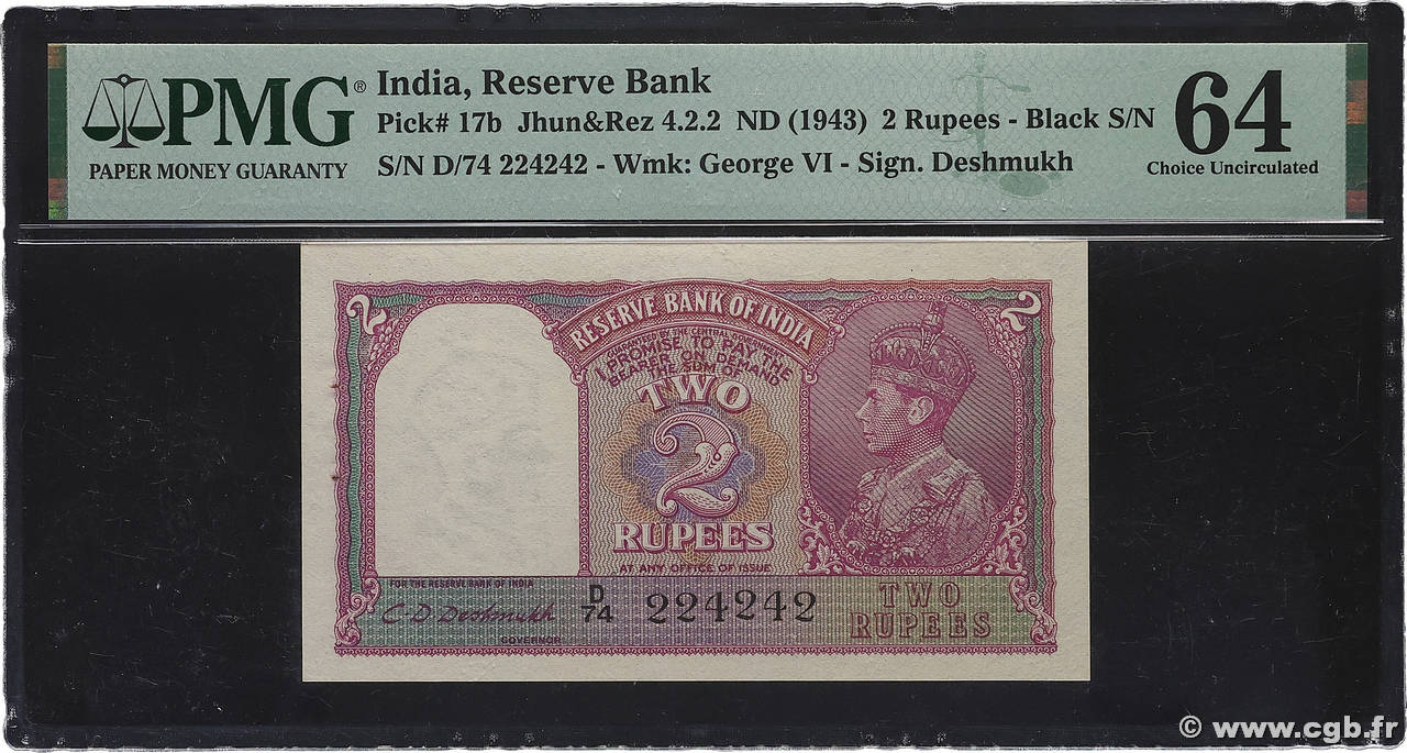 2 Rupees INDE  1943 P.017b pr.NEUF