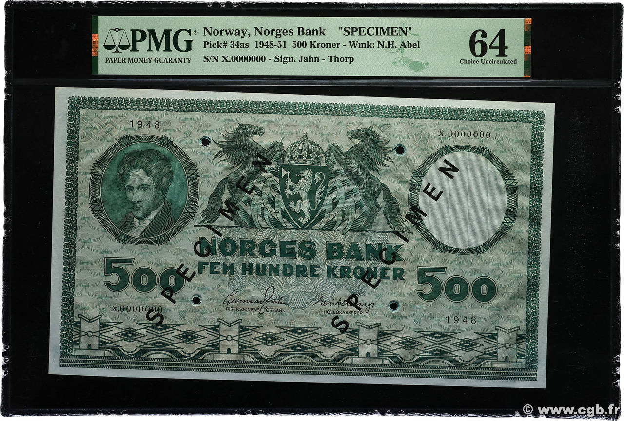 500 Kroner Spécimen NORVÈGE  1948 P.34as pr.NEUF
