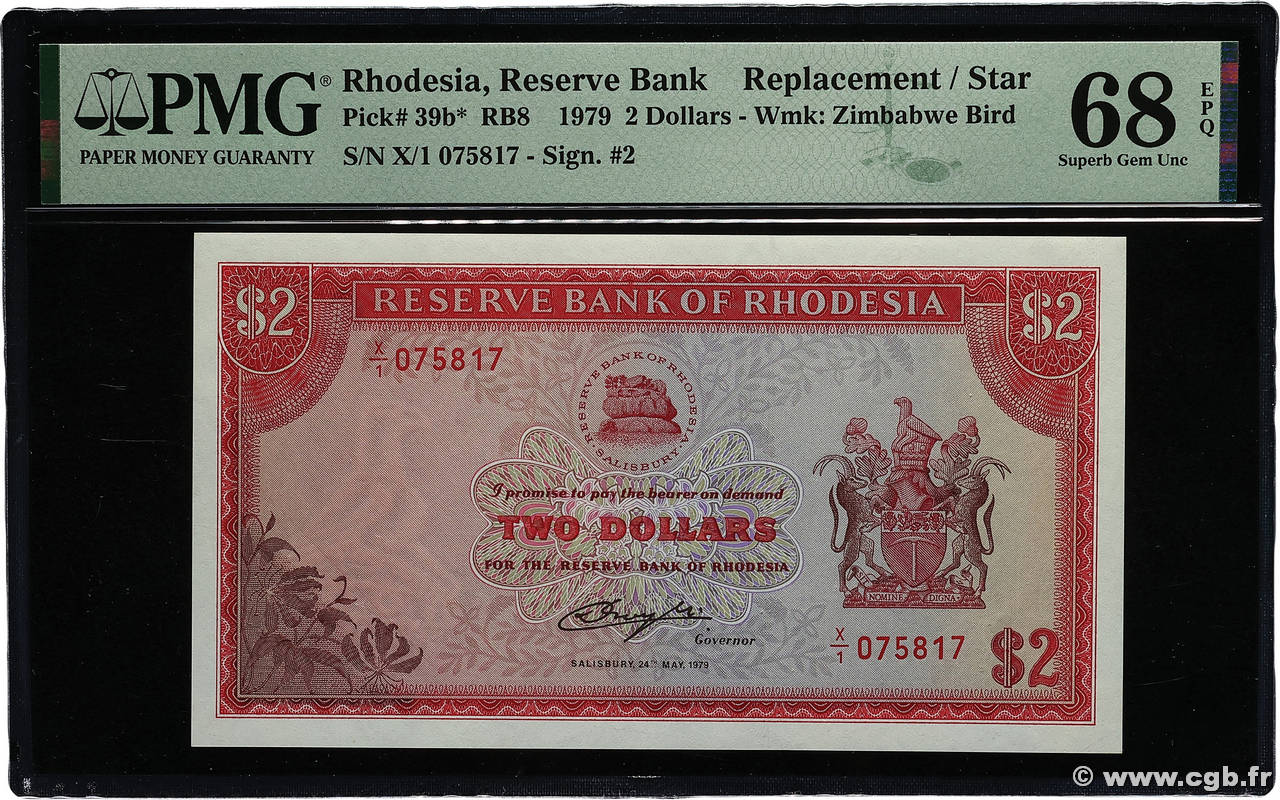 2 Dollars Remplacement RHODÉSIE  1979 P.39br NEUF