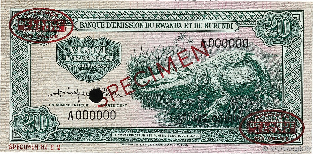 20 Francs Spécimen RWANDA BURUNDI  1960 P.03s NEUF