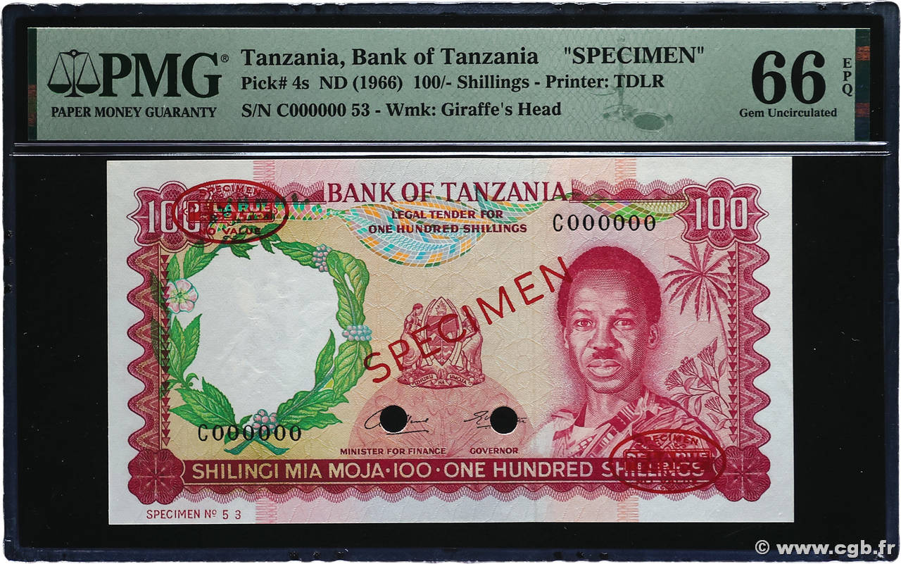 100 Shillings Spécimen TANSANIA  1966 P.04as ST