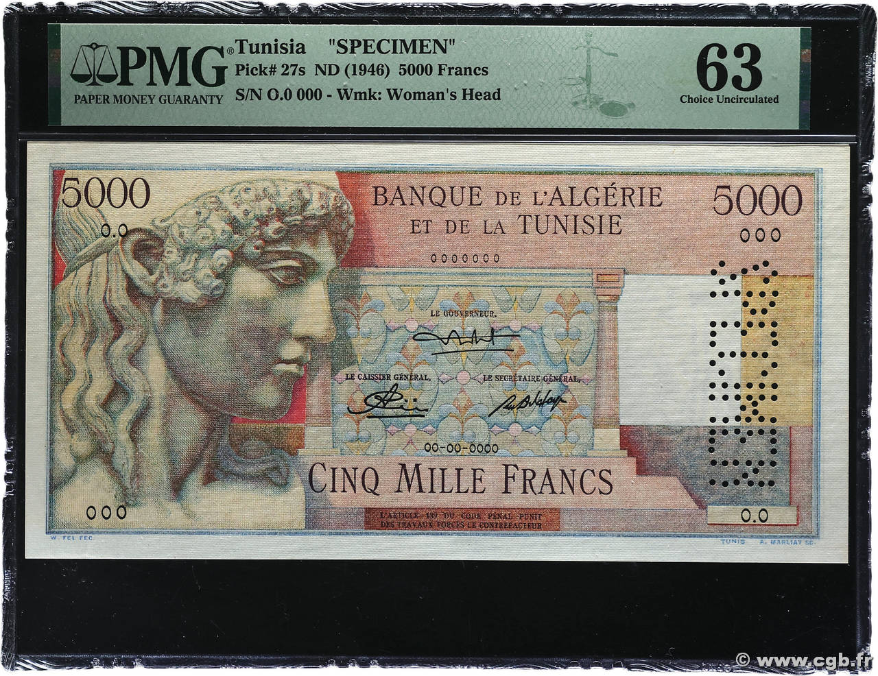 5000 Francs Spécimen TUNISIE  1946 P.27s pr.NEUF