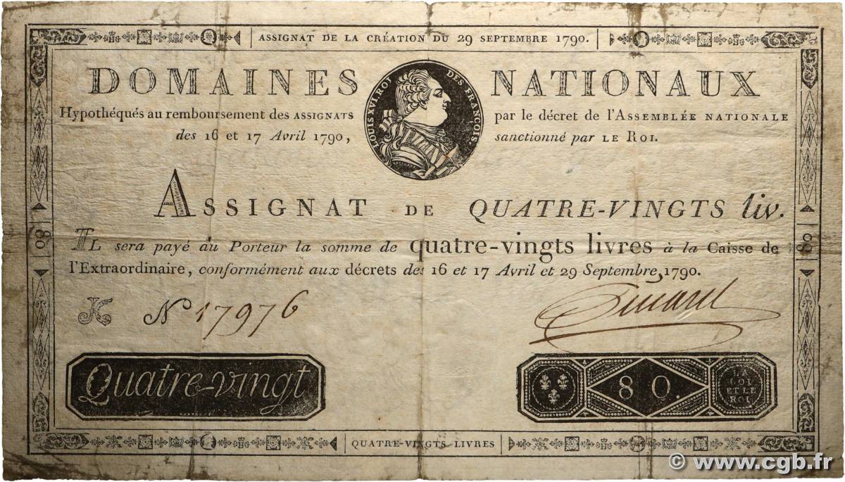 80 Livres FRANCE  1790 Ass.07a F+