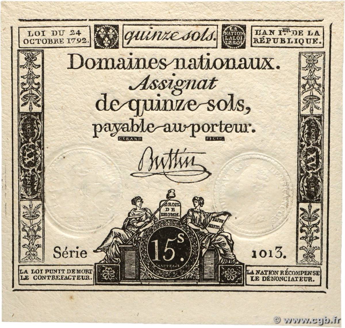 15 Sols FRANCE  1792 Ass.35a UNC