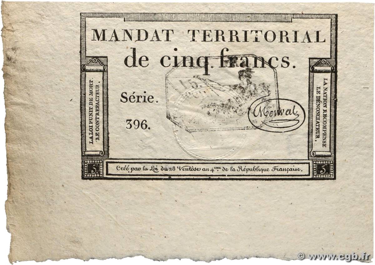 5 Francs Monval cachet noir FRANCIA  1796 Ass.63b FDC