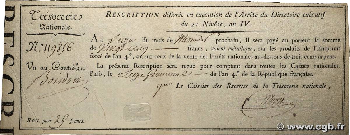 25 Francs Rescription de l Emprunt Forcé FRANCIA  1796 Ass.53a EBC+