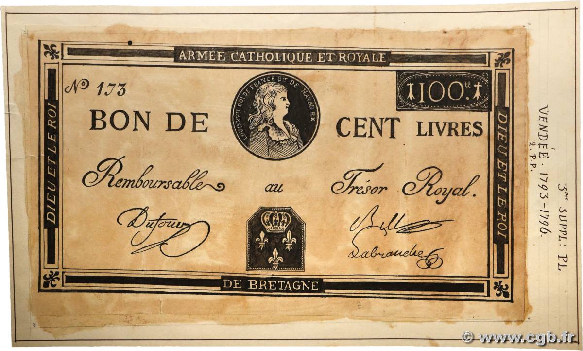 100 Livres Louis XVII Gouache FRANCIA  1793 Laf.278 SC