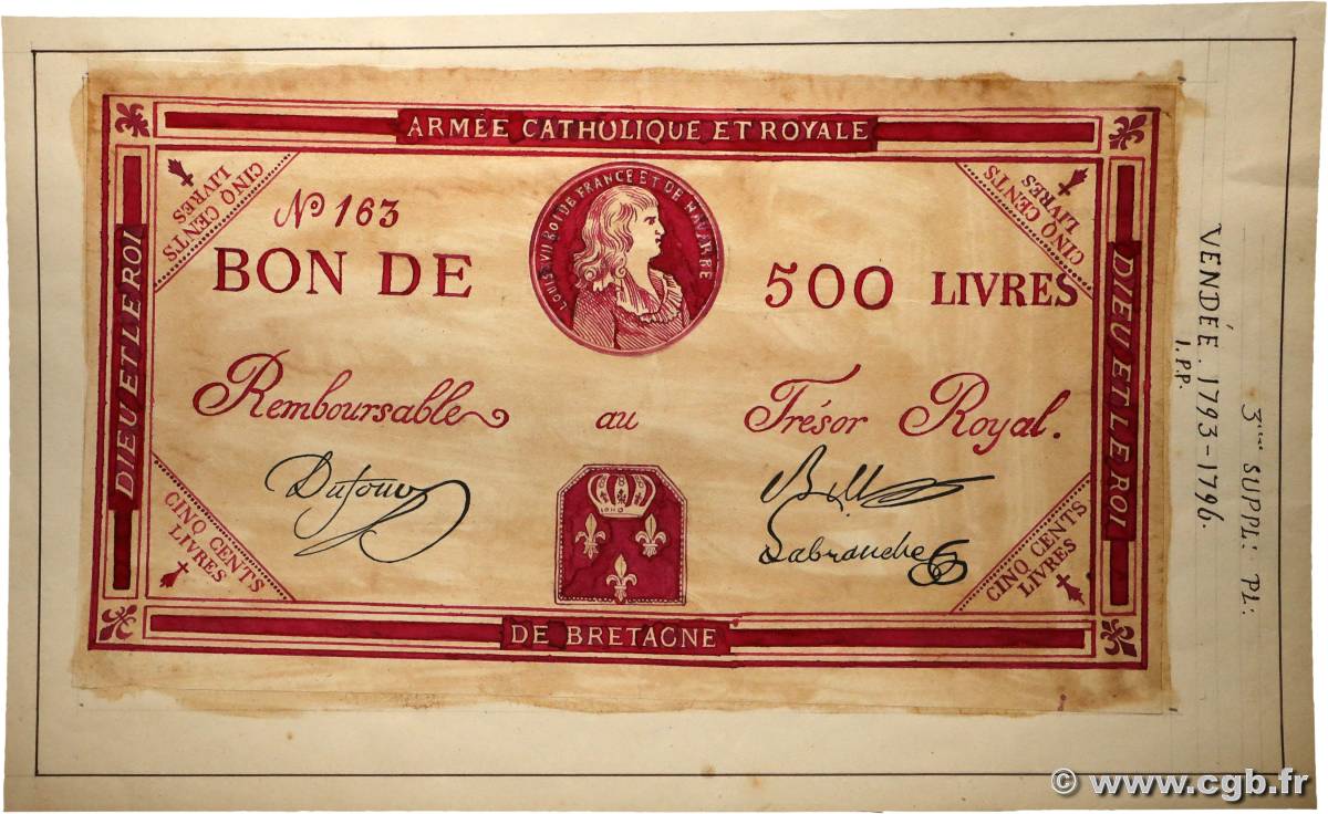 500 Livres Louis XVII Gouache FRANCE  1793 Laf.278 AU