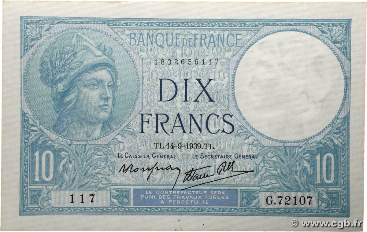 10 Francs MINERVE modifié FRANCIA  1939 F.07.07 SC+