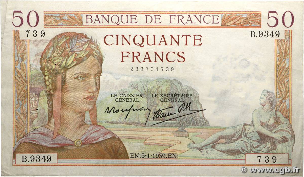 50 Francs CÉRÈS modifié FRANCIA  1939 F.18.19 MBC+
