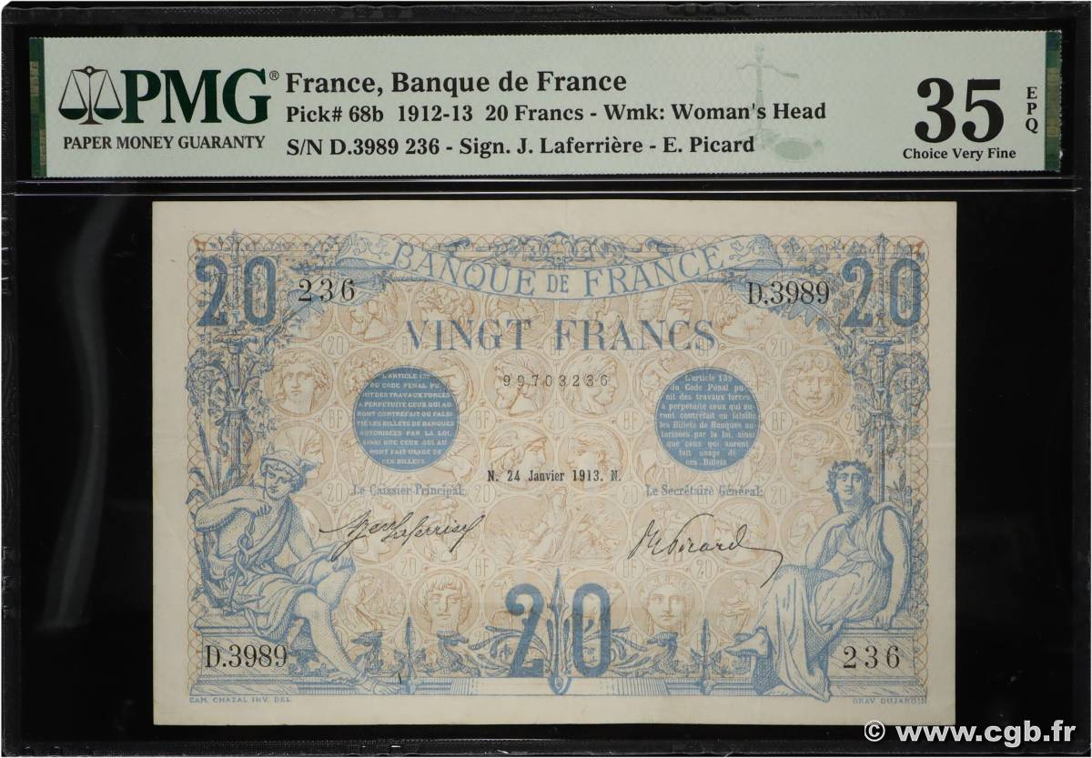 20 Francs BLEU FRANCIA  1913 F.10.03 MBC+