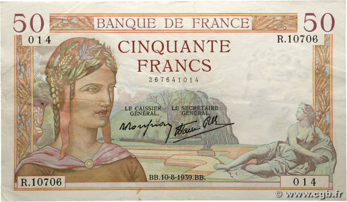 50 Francs CÉRÈS modifié FRANCIA  1939 F.18.29 MBC+