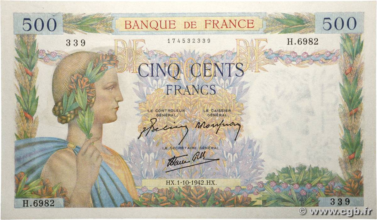 500 Francs LA PAIX FRANCE  1942 F.32.41 UNC