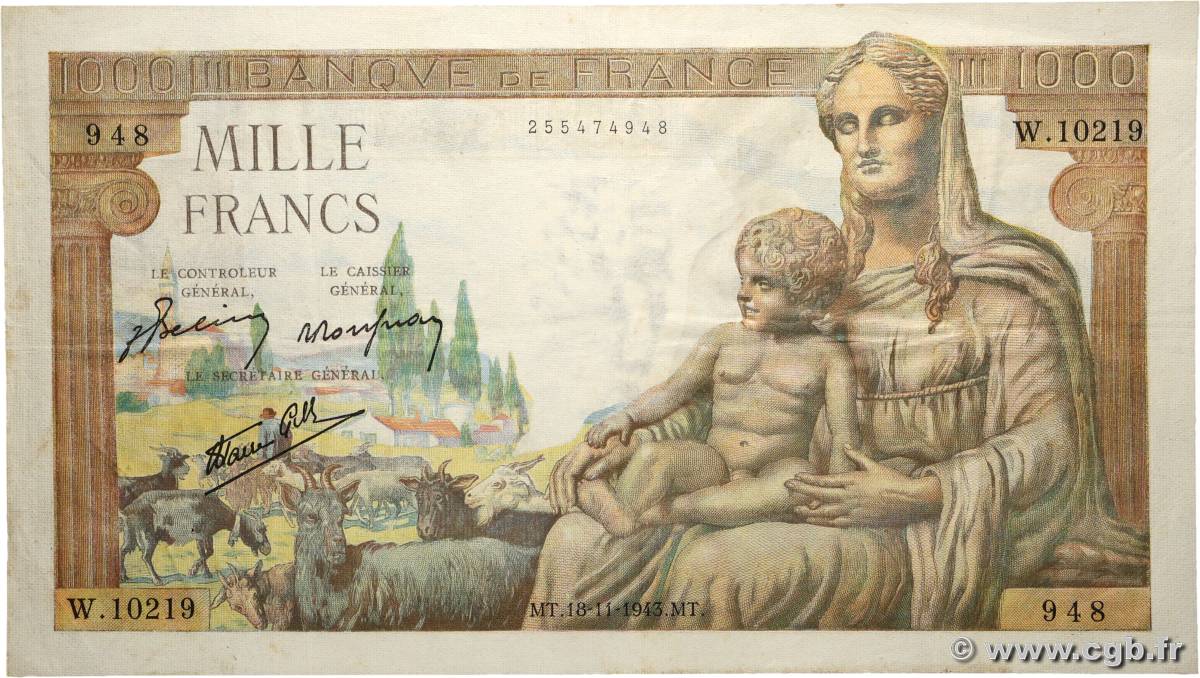 1000 Francs DÉESSE DÉMÉTER FRANCIA  1943 F.40.40 MBC+