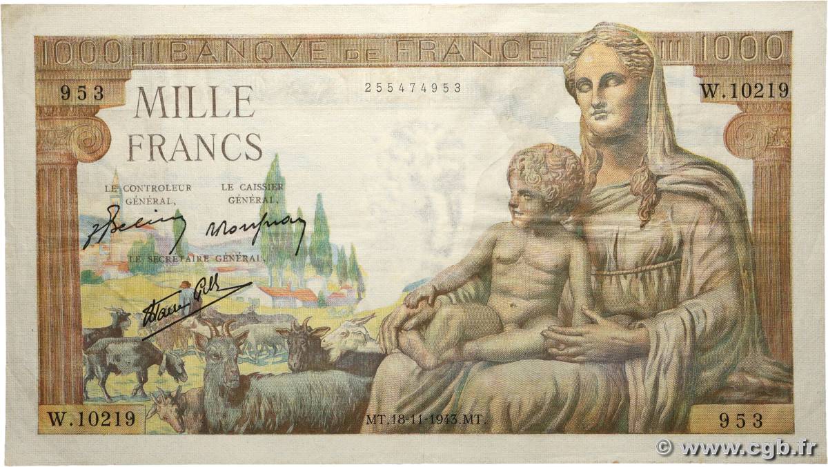 1000 Francs DÉESSE DÉMÉTER FRANCIA  1943 F.40.40 MBC+