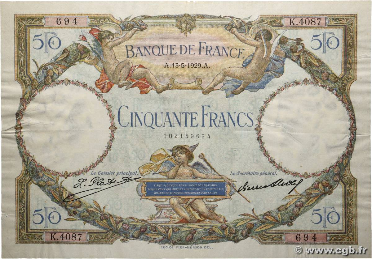 50 Francs LUC OLIVIER MERSON FRANCE  1929 F.15.03 TTB