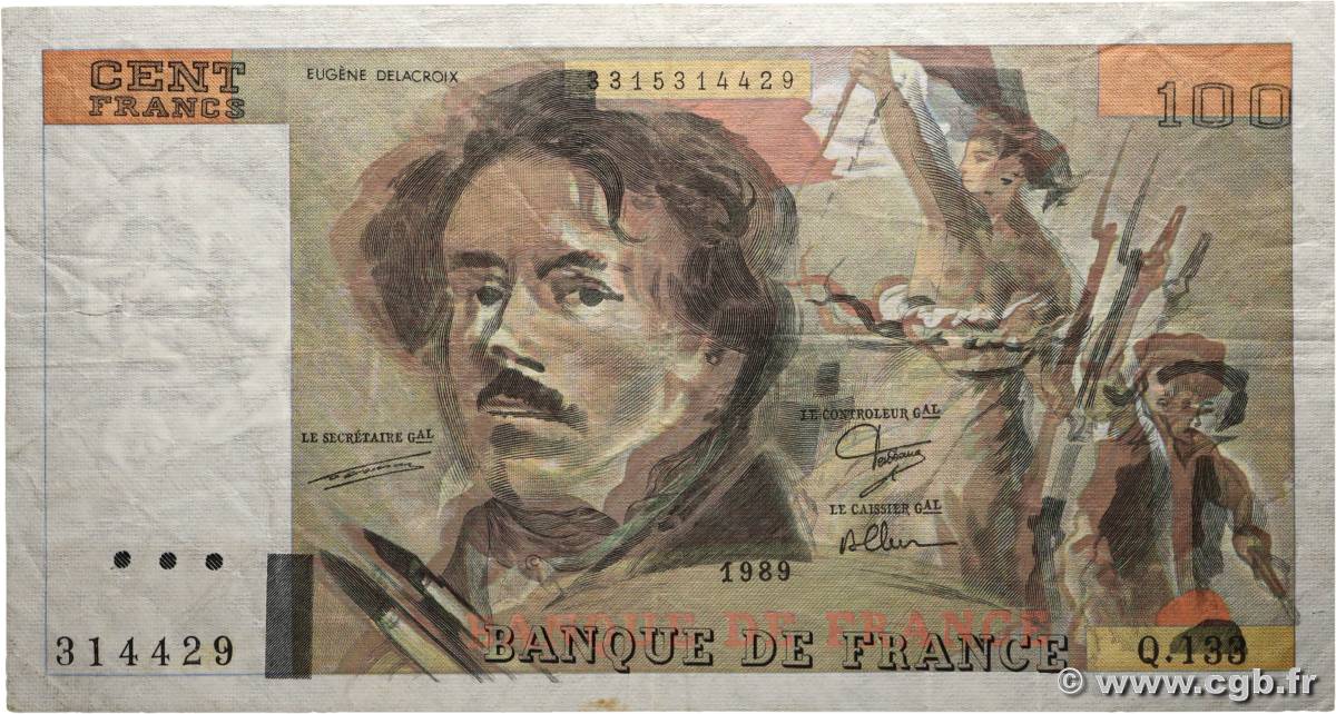100 Francs DELACROIX modifié Fauté FRANCIA  1989 F.69.13a MBC