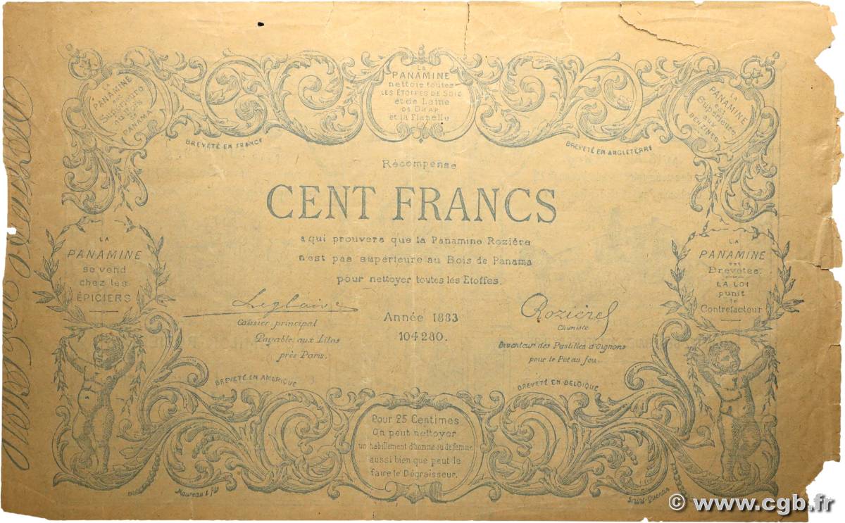 100 Francs Publicitaire FRANCE regionalismo y varios  1883 F.- MBC