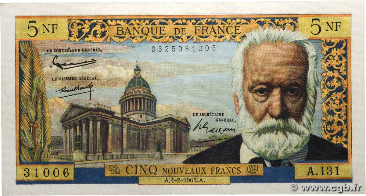 5 Nouveaux Francs VICTOR HUGO FRANCIA  1965 F.56.17 EBC