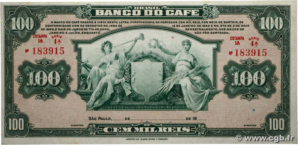 100 Mil Reis Non émis BRÉSIL  1890 PS.541r NEUF