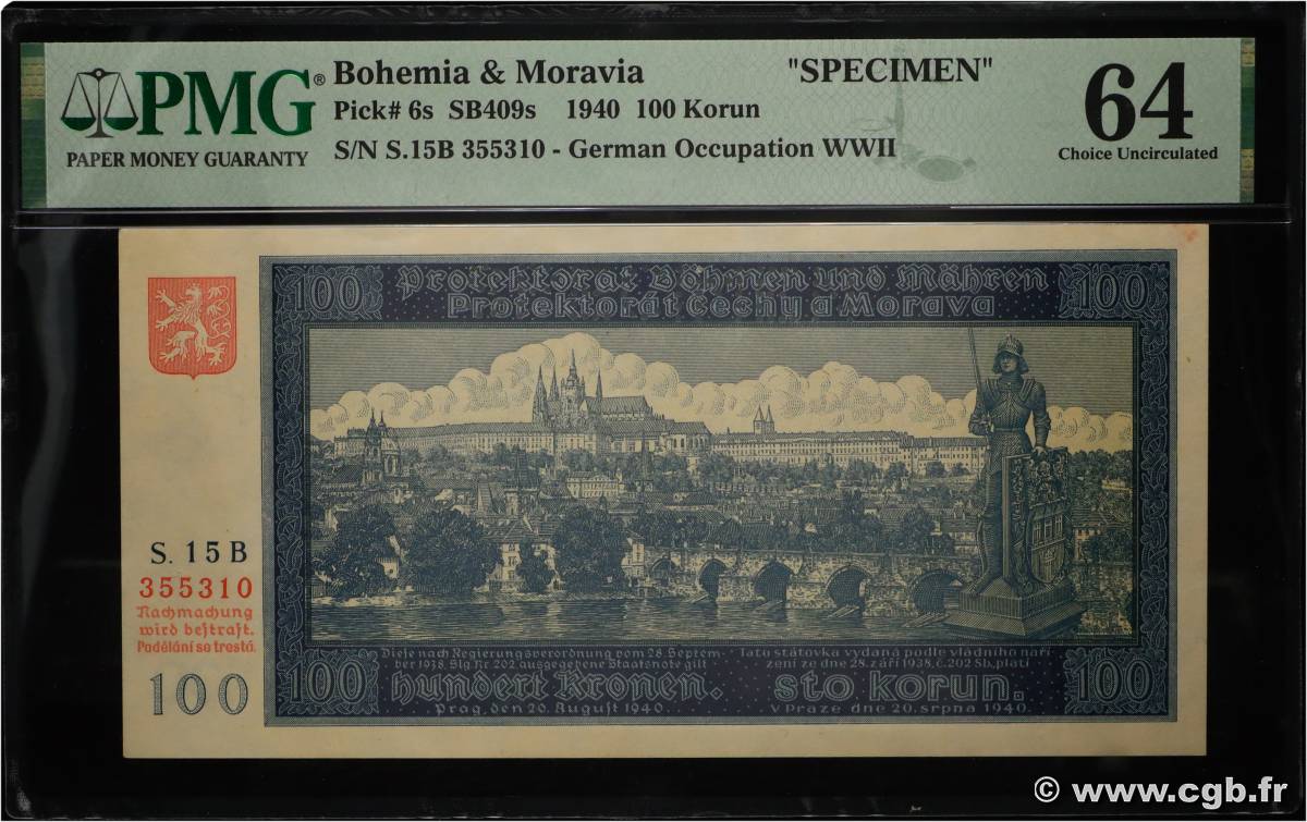 100 Korun Spécimen BOHÊME ET MORAVIE  1940 P.06s pr.NEUF