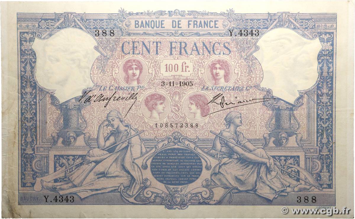 100 Francs BLEU ET ROSE FRANCE  1905 F.21.19 pr.TTB