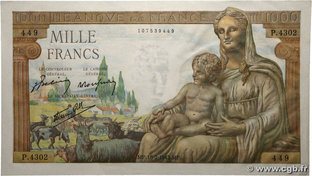 1000 Francs DÉESSE DÉMÉTER FRANCE  1943 F.40.19 SUP