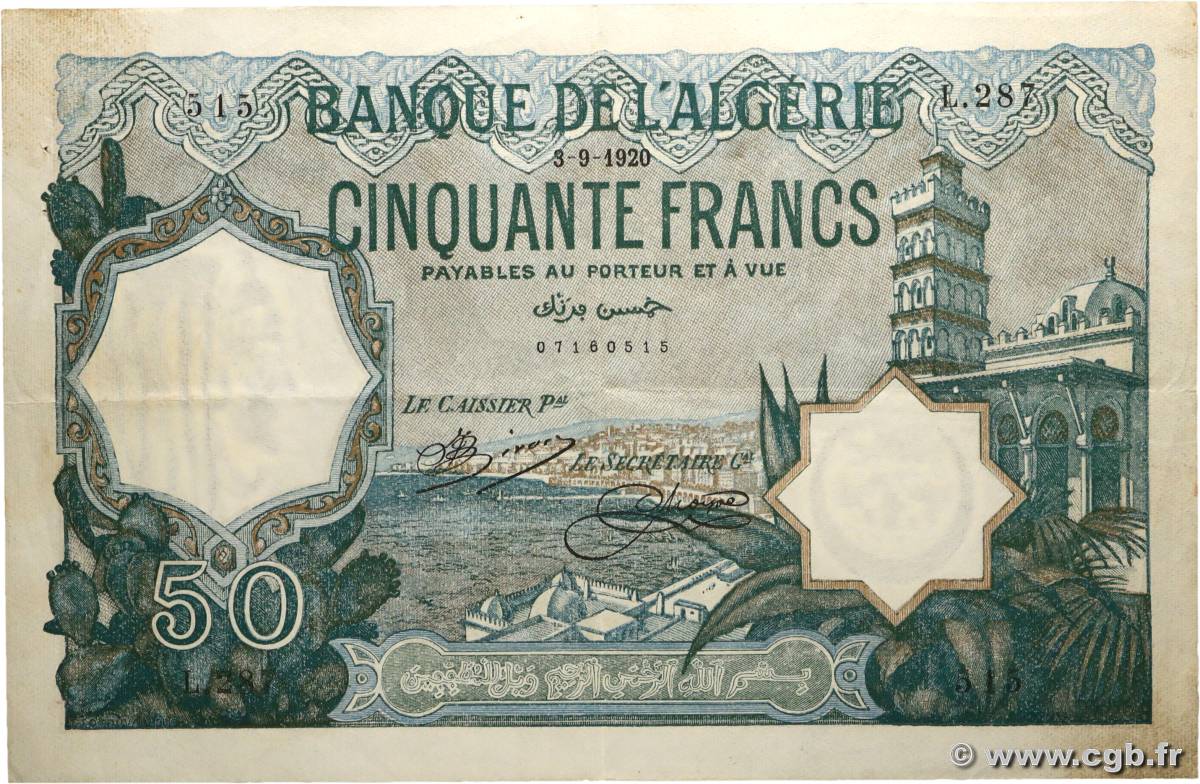 50 Francs ALGÉRIE  1920 P.080a TTB+