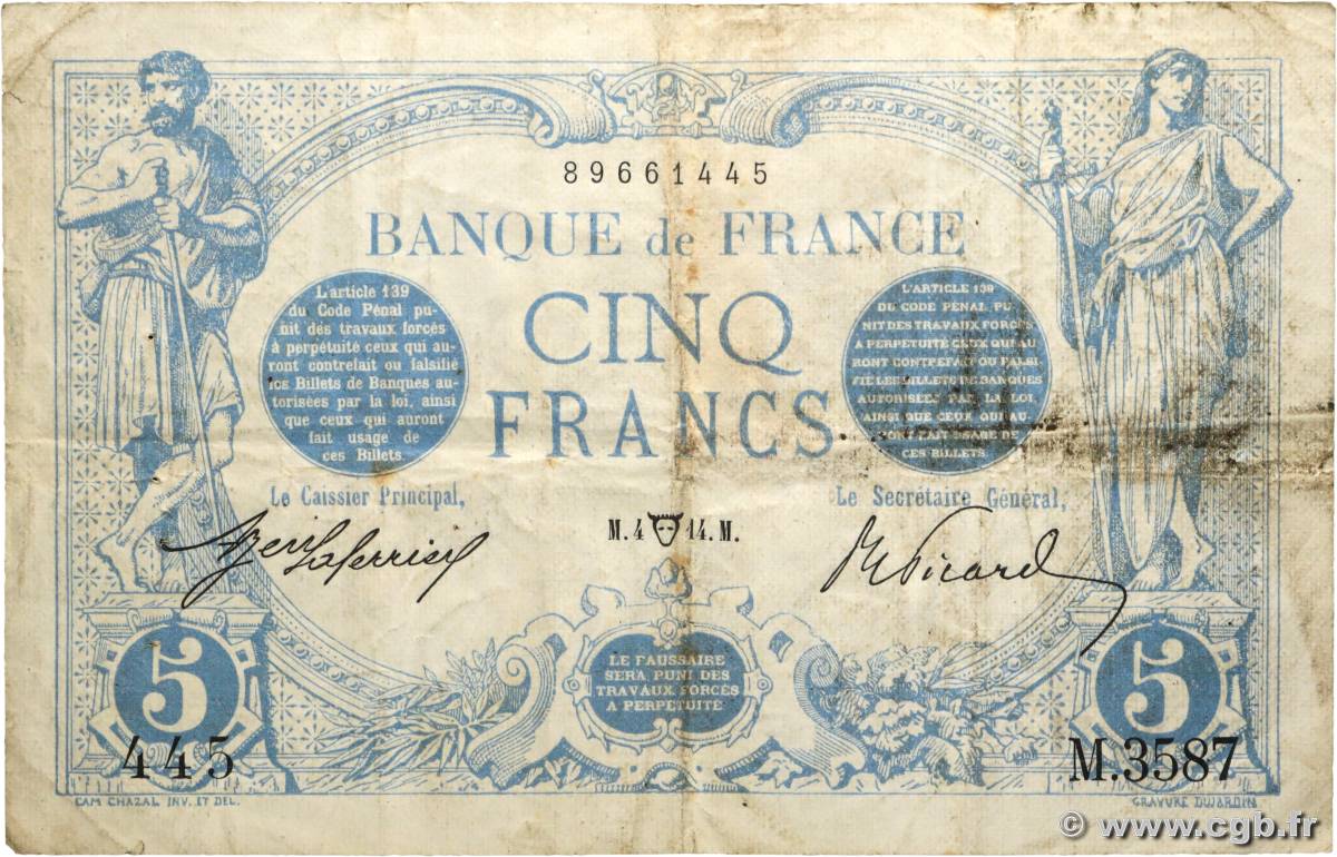 5 Francs BLEU FRANCE  1914 F.02.22 TB