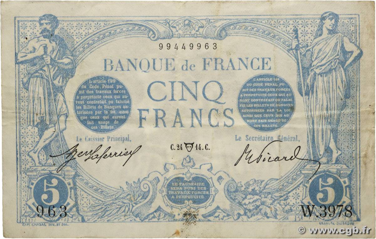 5 Francs BLEU FRANCE  1914 F.02.22 TB+