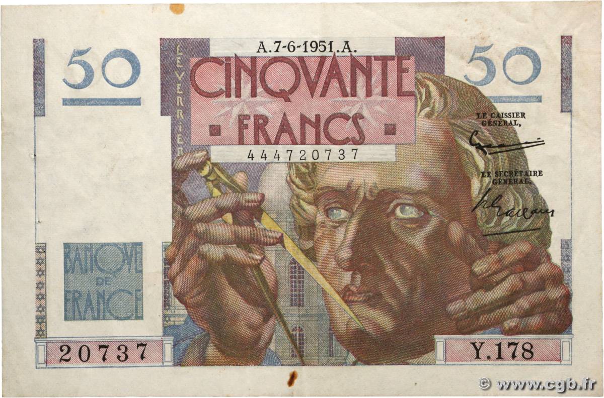 50 Francs LE VERRIER FRANCE  1951 F.20.18 pr.TTB