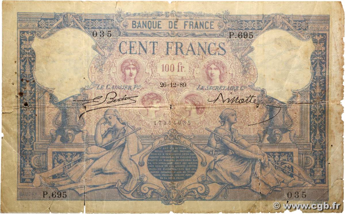 100 Francs BLEU ET ROSE FRANCE  1889 F.21.02a pr.B