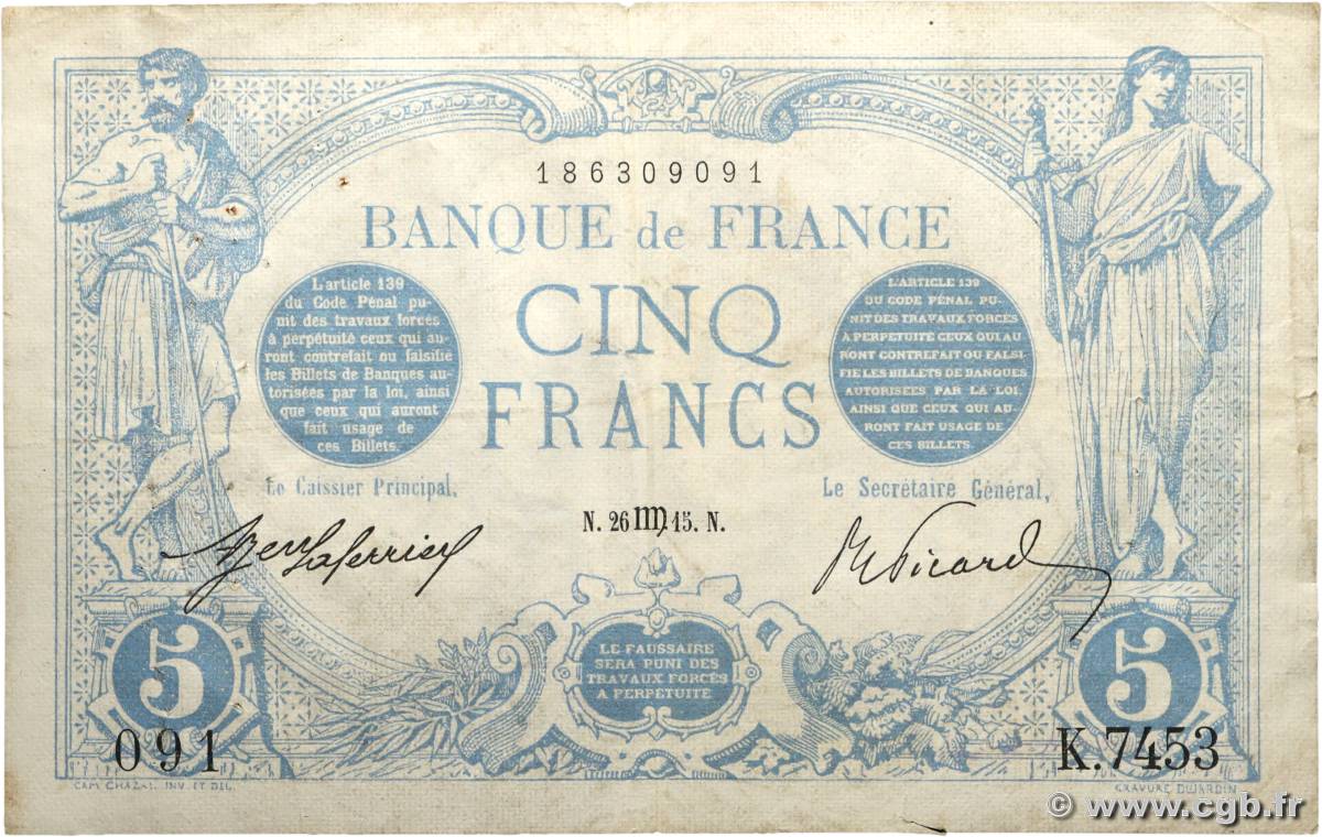 5 Francs BLEU FRANCE  1915 F.02.30 TB+
