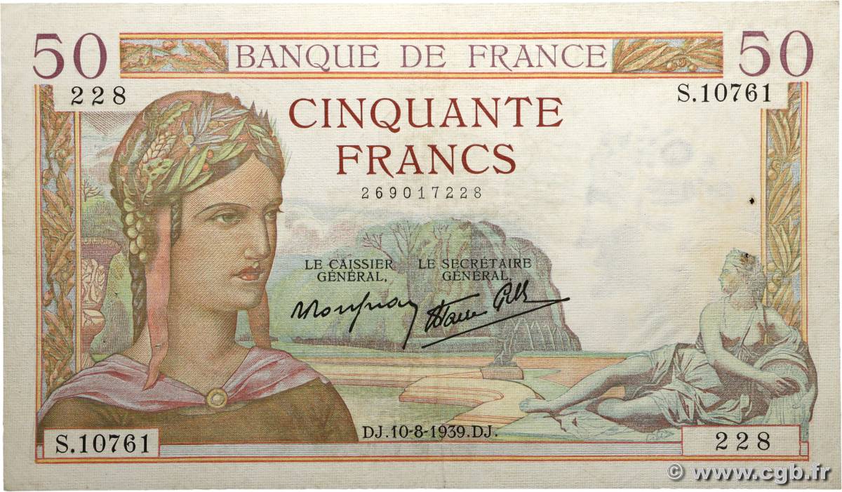 50 Francs CÉRÈS modifié FRANCE  1939 F.18.29 TTB