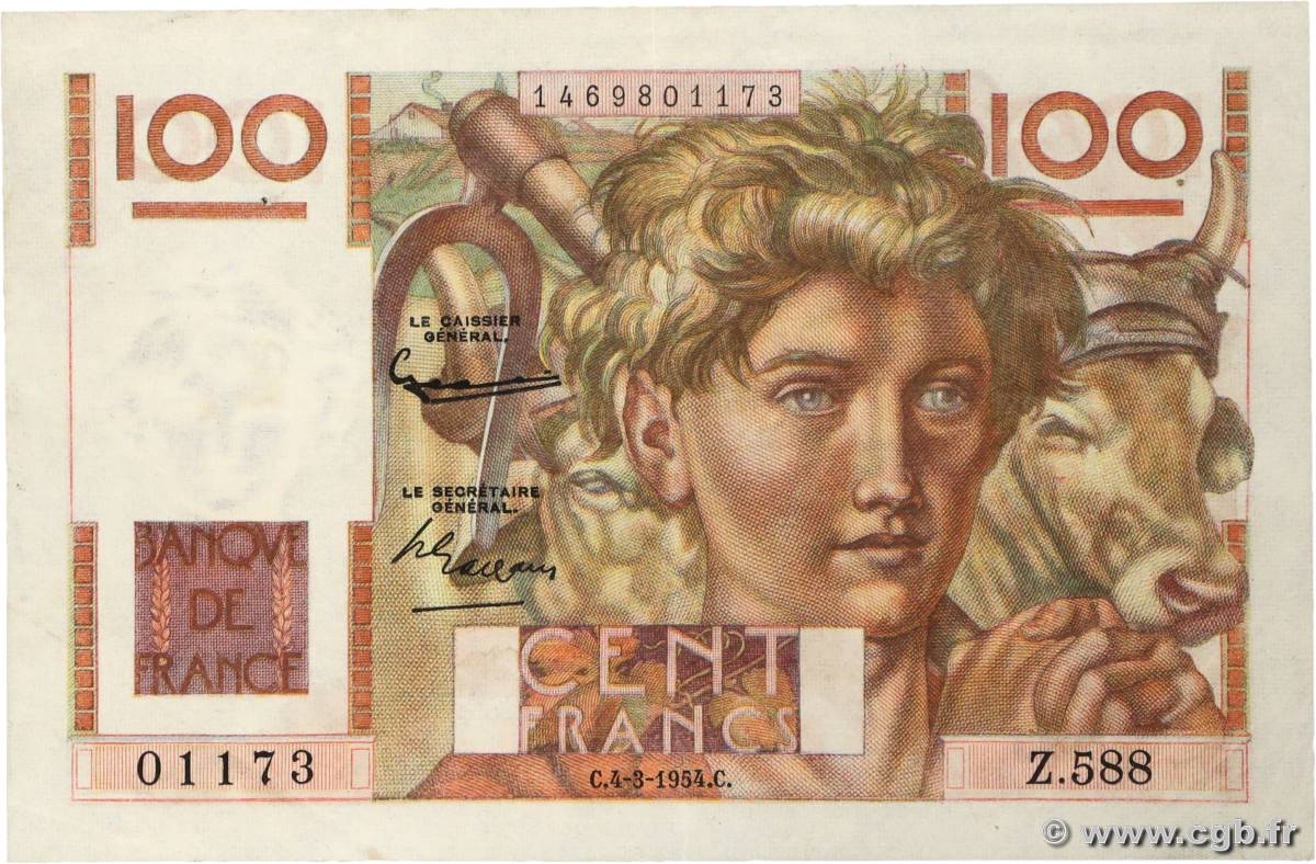 100 Francs JEUNE PAYSAN filigrane inversé FRANCIA  1954 F.28bis.05 MBC