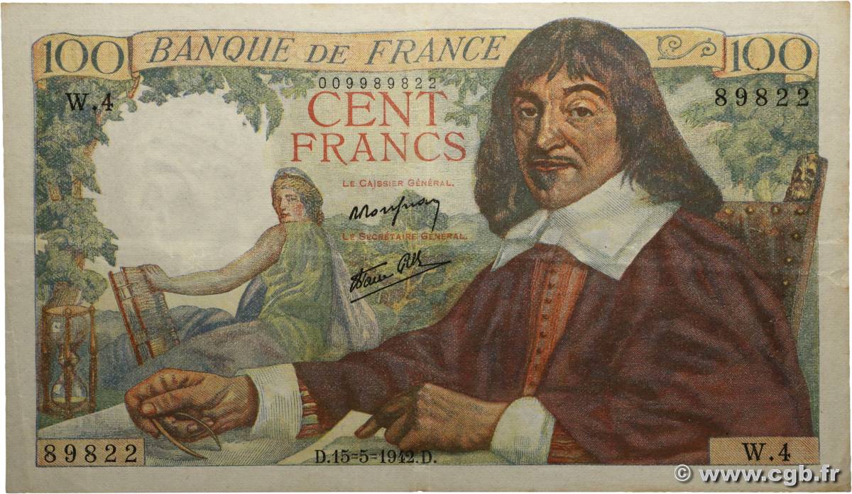 100 Francs DESCARTES FRANCE  1942 F.27.01 TTB