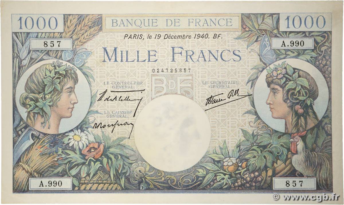 1000 Francs COMMERCE ET INDUSTRIE FRANCIA  1940 F.39.03 EBC