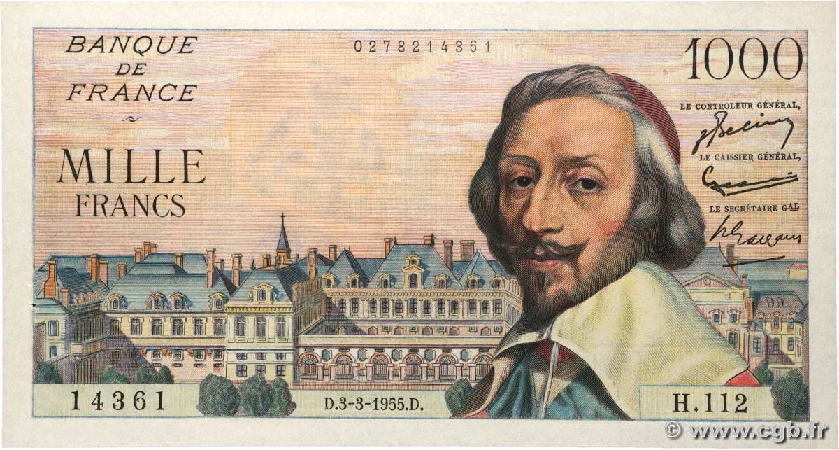 1000 Francs RICHELIEU FRANCIA  1955 F.42.11 EBC+