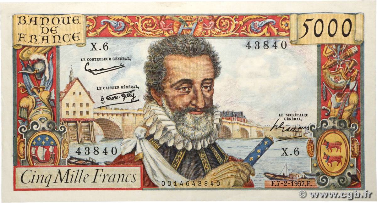 5000 Francs HENRI IV FRANCE  1957 F.49.01 SUP+