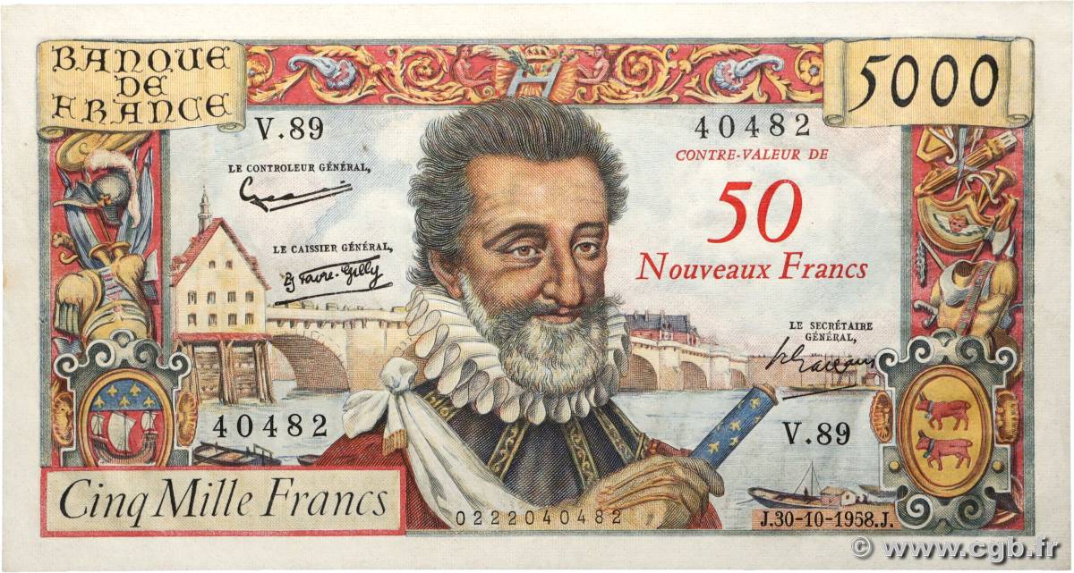 50 NF sur 5000 Francs HENRI IV FRANCE  1958 F.54.01 XF
