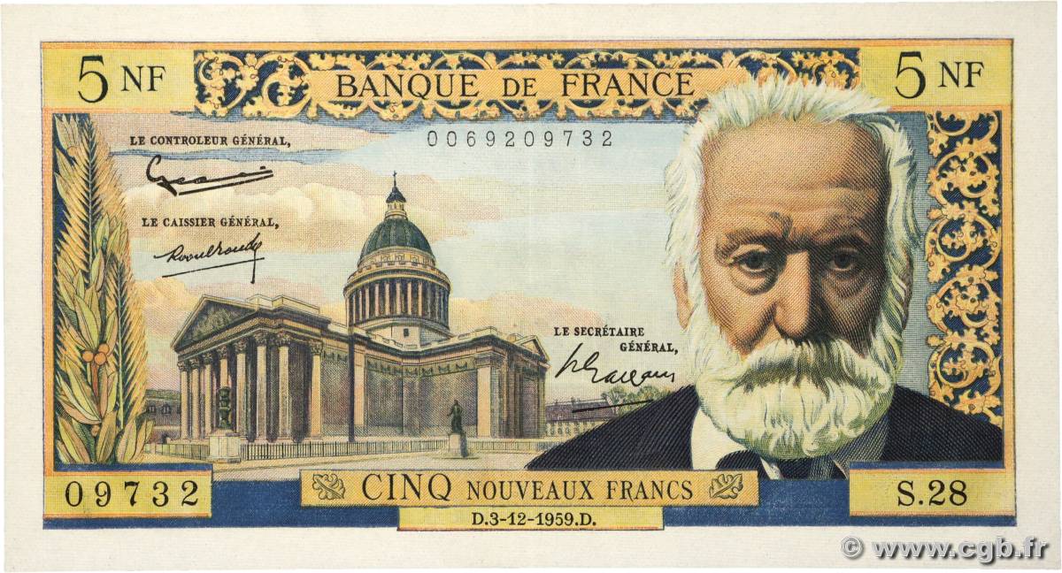 5 Nouveaux Francs VICTOR HUGO FRANCIA  1959 F.56.04 EBC+