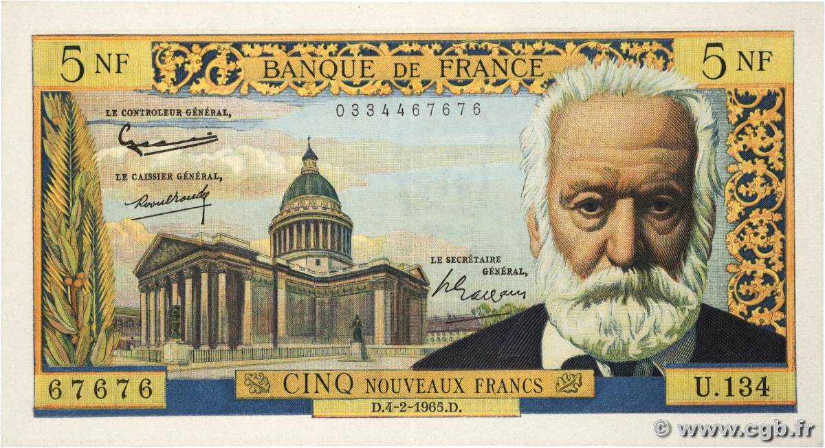 5 Nouveaux Francs VICTOR HUGO Numéro radar FRANCIA  1965 F.56.17 EBC