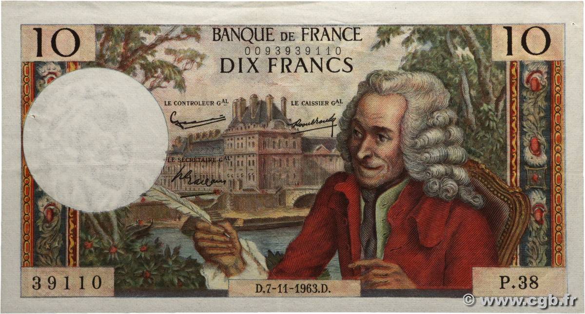 10 Francs VOLTAIRE FRANCE  1963 F.62.05 SUP
