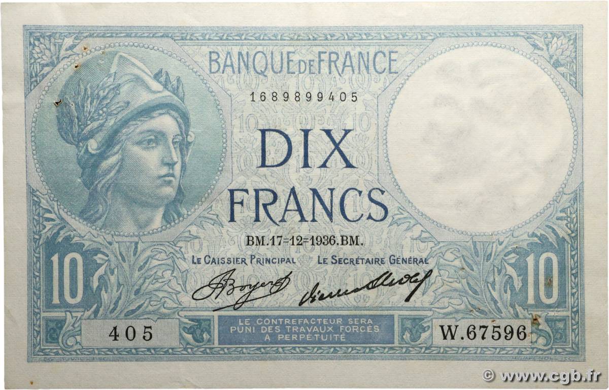 10 Francs MINERVE FRANCE  1936 F.06.17 TTB