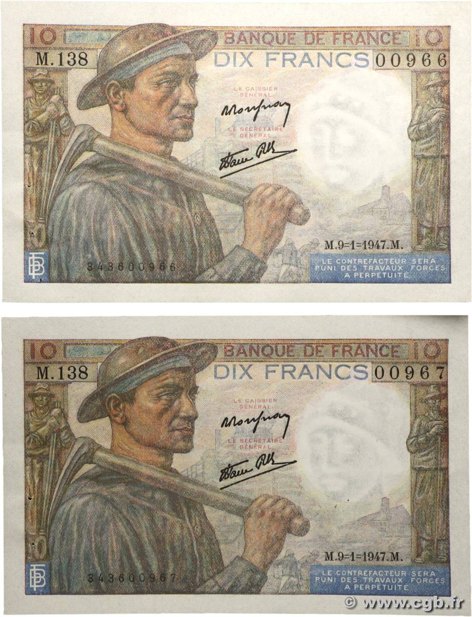 10 Francs MINEUR Consécutifs FRANCE  1947 F.08.17 SUP+